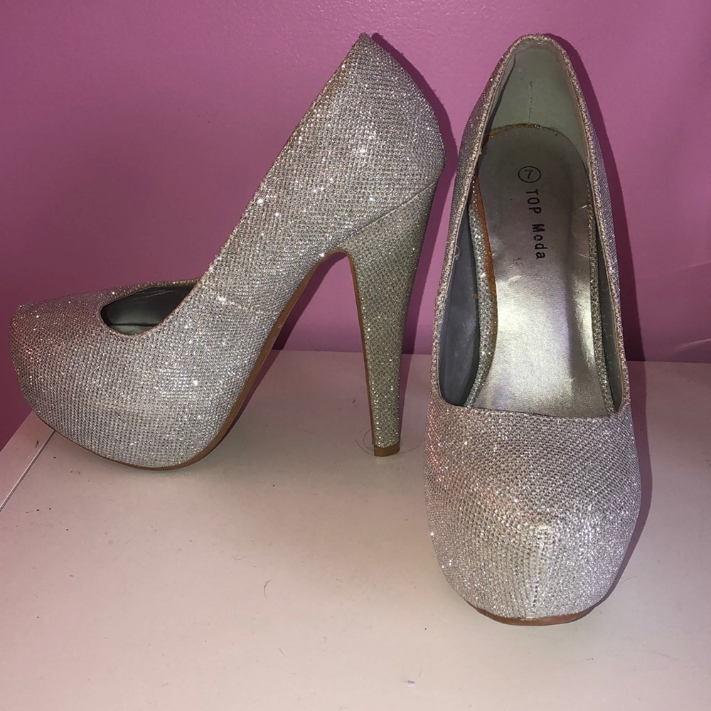 silver, glittered heels